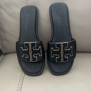 Tory Burch Black and Gold Slide Sandals